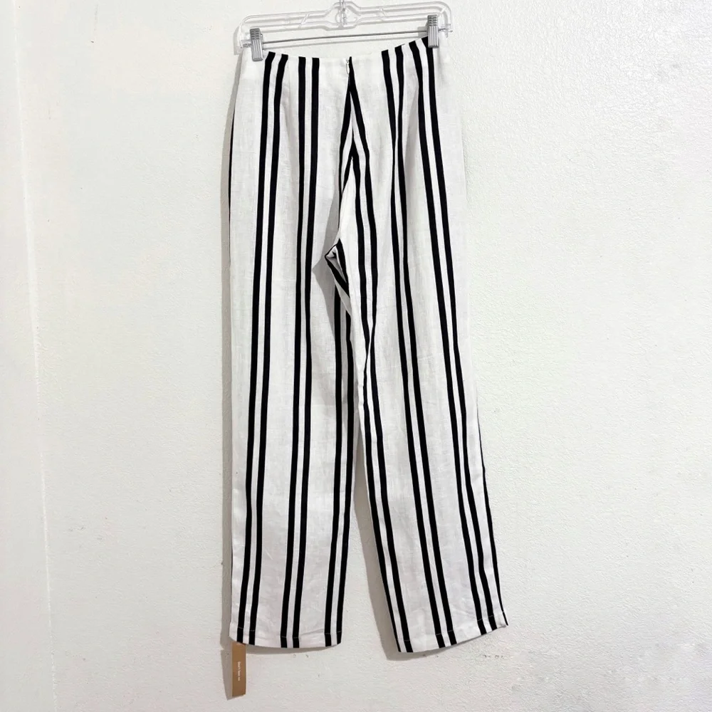 NWT Reformation‎ Poppy Linen High Rise Straight Leg Pant PJ Stripe Black & White